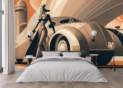 illustration of woman and transport with future technology in retro futuristic 30s style poster ,generative ai Wall mural