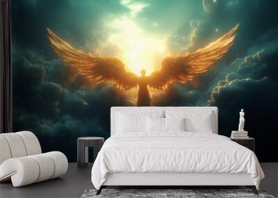 Angel mythology, abstract oil painting of a beautiful, mighty flying angel spreading arms and wings. Dramatic mythology vibe background, clouds and sunrays, representing good and evil. Wall mural