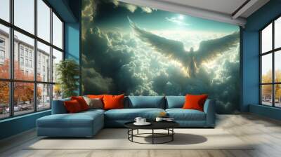 Angel mythology, abstract oil painting of a beautiful, mighty flying angel spreading arms and wings. Dramatic mythology vibe background, clouds and sunrays, representing good and evil. Wall mural