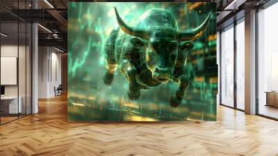 Stock market bull trading up. Symbolizing rising stock market, green colored. Concept of wall street business, bull market trader, crypto currency trading. 
 Wall mural