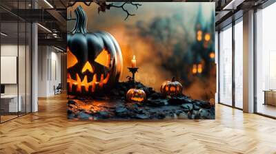 Stylish Happy Halloween background. Spooky creatures, carved pumpkin heads, bats, candles and typical Halloween elements, copy space for invitation cards, wallpaper, banner, backdrop etc. Wall mural