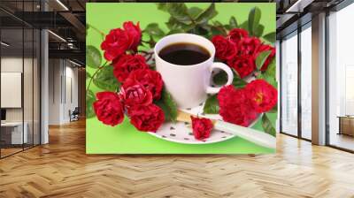 hot coffee mug with natural red roses red and green photography Wall mural