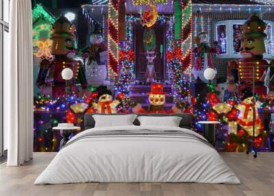 Christmas outdoor Christmas decorations - Snowman and nutcracker lights up house in Brooklyn, New York Wall mural