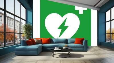 Green automated external defibrillator / aed sign with heart and electricity symbol flat vector icon Wall mural