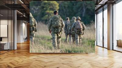 8 male and female British army soldiers tabbing with 25Kg bergens across open countryside, Wiltshire UK Wall mural