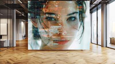 A business woman's portrait reimagined through the lens of digital decay and glitch art. Corrupted data and fragmented pixels dance across her form Wall mural