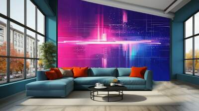 A cyberpunk-inspired digital landscape with glowing light trails and shimmering pixel elements. Ideal for futuristic backgrounds, cyber security concepts, and tech posters Wall mural