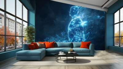 A detailed holographic projection of a human head, formed by luminous neon blue lines outlining its iconic features, set against a void-like darkness. Wall mural