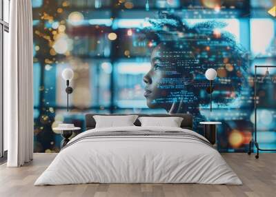 A double exposure blends a sleek AI computer with a classical classroom scene. This upscale juxtaposition reflects the integration of technology in the future of education Wall mural