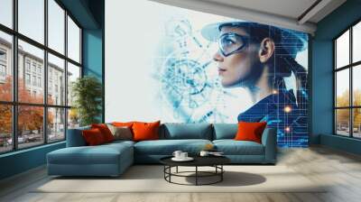 A female engineer, wearing safety glasses and a hard hat, stands against a clean white backdrop adorned with subtle blue geometric patterns reminiscent of blueprints. Wall mural