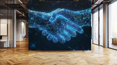 A futuristic handshake formed by glowing, neon blue lines in an intricate wireframe design, displayed on a dark, empty background. Wall mural