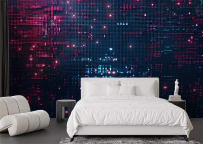 A high-resolution digital backdrop showcasing flowing red and blue lights with a bokeh effect, resembling a futuristic space visualization composed of pixelated data streams. Wall mural