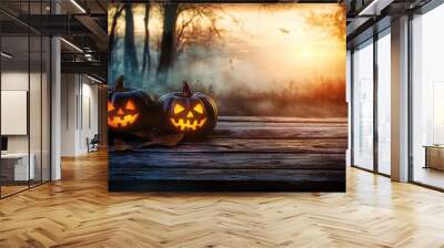 A mysterious sunset over a dark forest reveals the sinister glowing eyes of Jack O' Lanterns beside a weathered wooden bench on a frightful Halloween evening Wall mural