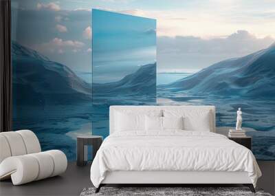 A mysterious vertical rectangle rests on a calm water surface, casting a reflection of an abstract geometric shape. Surrounding the scene are blue sand dunes under a bright sky Wall mural