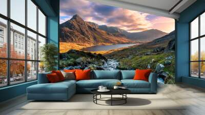 A rushing river flowing through the mountains of wales Wall mural