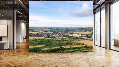 A stunning drone view of Hrusovany u Brna, showcasing the charming town, surrounding vineyards, and a distant, scenic view of the Palava Hills. Wall mural