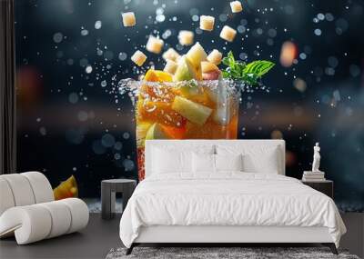 A vibrant explosion of a deconstructed non-alcoholic fruit cocktail with fresh ingredients suspended in mid-air: lemonade, orange juice, mango juice, apple slices, banana chunks Wall mural