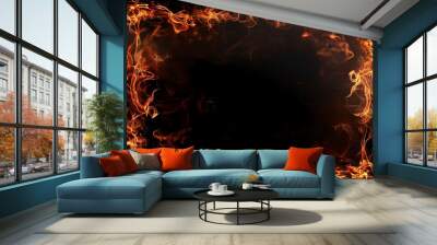 An ornate frame crafted from swirling flames, enclosing a blank canvas against a deep black background Wall mural