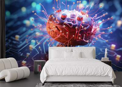 Artificial brain technology, illuminated with colorful lights and connected by wires and fiber optics, AI creativity concept Wall mural