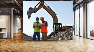 Workers talking by digger in quarry Wall mural