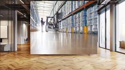 Workers with forklift in bottling warehouse Wall mural