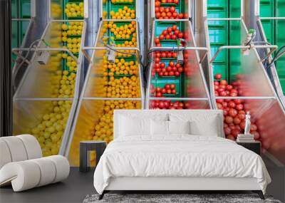 Fresh small tomatoes on a green conveyor belt in a Dutch greenhouse Wall mural