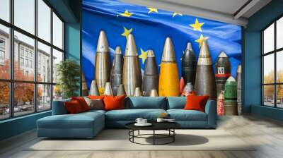 Military bombs and ammunition in front of a waving European Union flag Wall mural