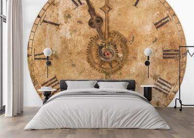 Vintage and heavily weathered clock face with time set to a few minutes to twelve o clock isolated on white Wall mural