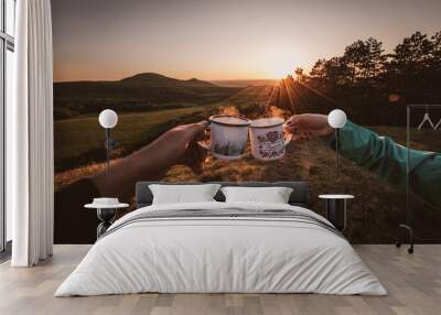 camping on the hill with cups of coffee Wall mural