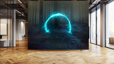 Neon portal in the foggy forest, magical evening Wall mural