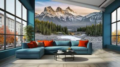 View of Three Sisters Mountain, well known landmark in Canmore, Canada Wall mural