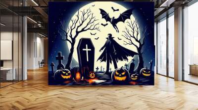 Cemetery at Helloween. Pumpkin, gravestone, fog, vampire, bat, full moon. AI Wall mural