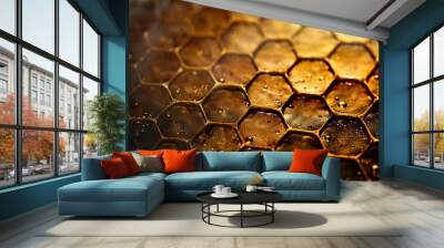 Close-up of a honeycomb revealing its detailed hexagonal pattern in rich golden tones Wall mural