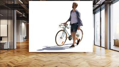 Cool man walking with a bike on a summer day isolated on white background Wall mural