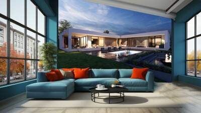 Design house - modern villa evening and at night with open plan living and private bedroom wing. Large terrace with privacy and swimming pool. Small covered terrace for sauna and relaxation.  Wall mural