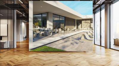 Design house - modern villa with open plan living and private bedroom wing. Large terrace with privacy thanks to the house, swimming pool. Small covered terrace for sauna and relaxation.  Wall mural