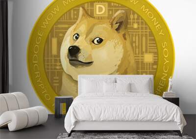 Dogecoin Big Icon illustration design. New safe crypto animal profile art. Elite Gold money coin background. Fun art space style illustration. Wall mural