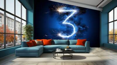 Ethereal Night Three: Immerse Yourself in the Nocturnal Atmosphere, as the Minimalistic Number 3 Comes to Life with Lightning, Set Amidst a Tapestry of Stars Wall mural