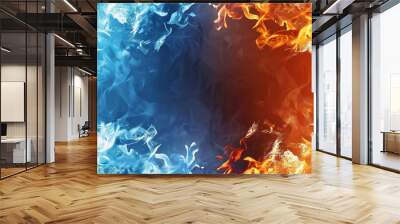 Fiery border of flames contrasts with icy edges, framing a cloud-like rectangle of empty space in the center. Wall mural