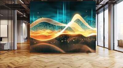 gold green and black digital wave technology background wallpaper concept, motion texture cyber network elements Wall mural