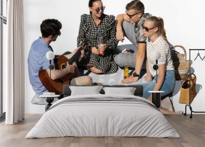 Group of friends having fun at picnic, playing guitar and singing, seen from above and isolated on white background Wall mural