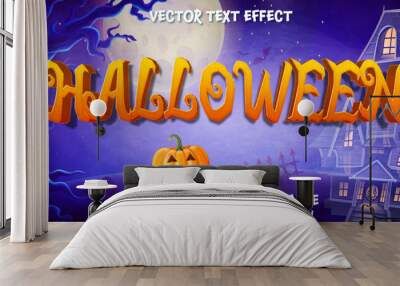 Halloween text, 3d trick or treat text effect, spooky style orange font template with blue creepy background read to use for brand and promotions Wall mural