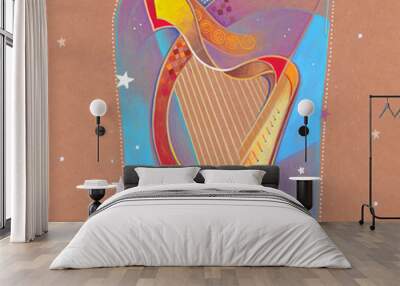 Handmade drawing of a Celtic harp and country folk music instruments in a modern style colored with watercolors Wall mural