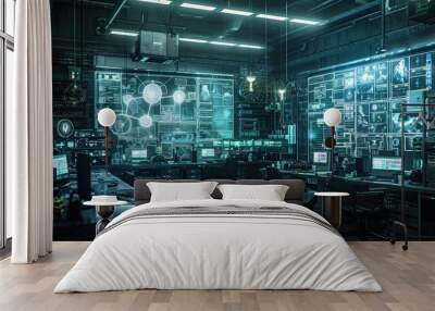 High-tech lab with glowing equipment and digital interfaces Wall mural