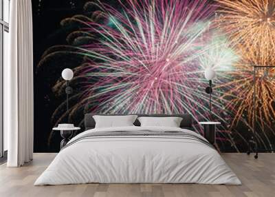 Isolated fireworks against a black sky background. Wall mural