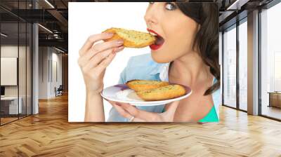 Pretty Young Woman in Her Twenties Eating A Slice of Garlic Bread Wall mural