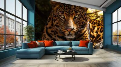 Leopard eye contact in dark forest  Wall mural