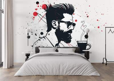 line drawing of man with beard and coffee cup Wall mural