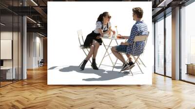 Man and woman sitting in a street cafe and talking, photo is with backlight and people isolated on white background Wall mural