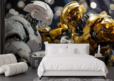 Metallic Showdown: White and Gold Robots Engage in Epic Confrontation, Movie-Style Face-to-Face Battle Wall mural